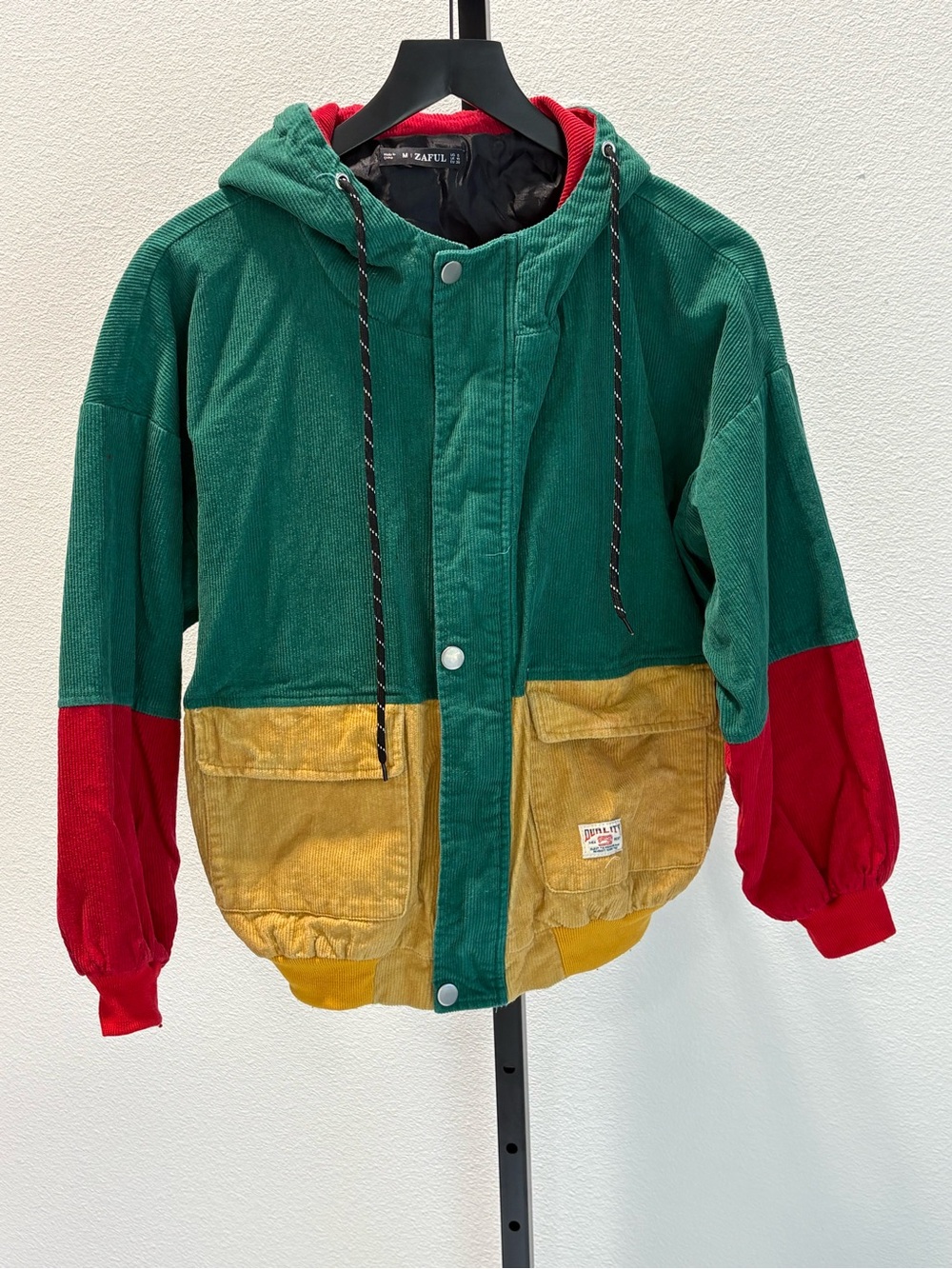 Zaful Green, Mustard & Red Colorblock Corduroy Hooded Jacket